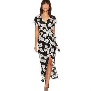 Lucky Brand Silk Floral Wrap Dress Maxi Black S